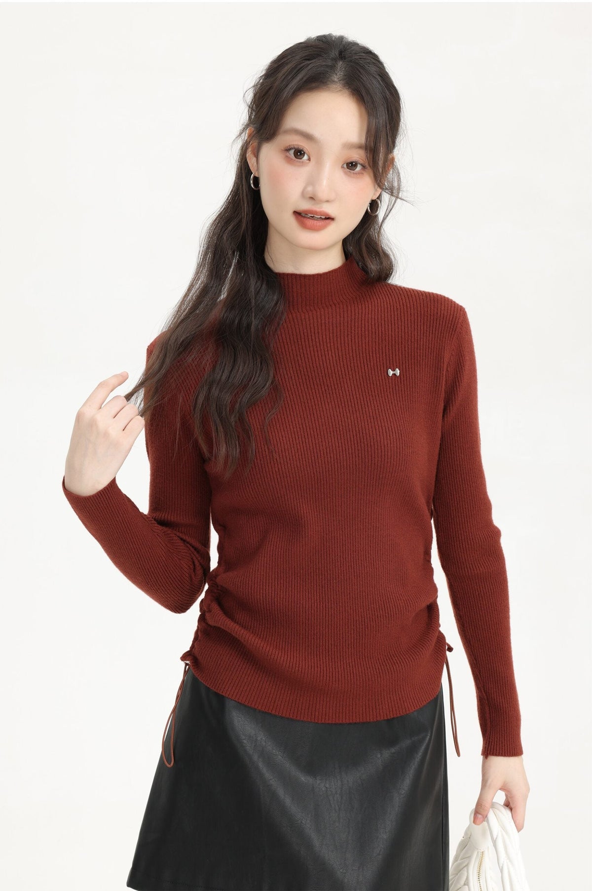 Red Turtleneck Sweater With Side Drawstring And Bow Logo