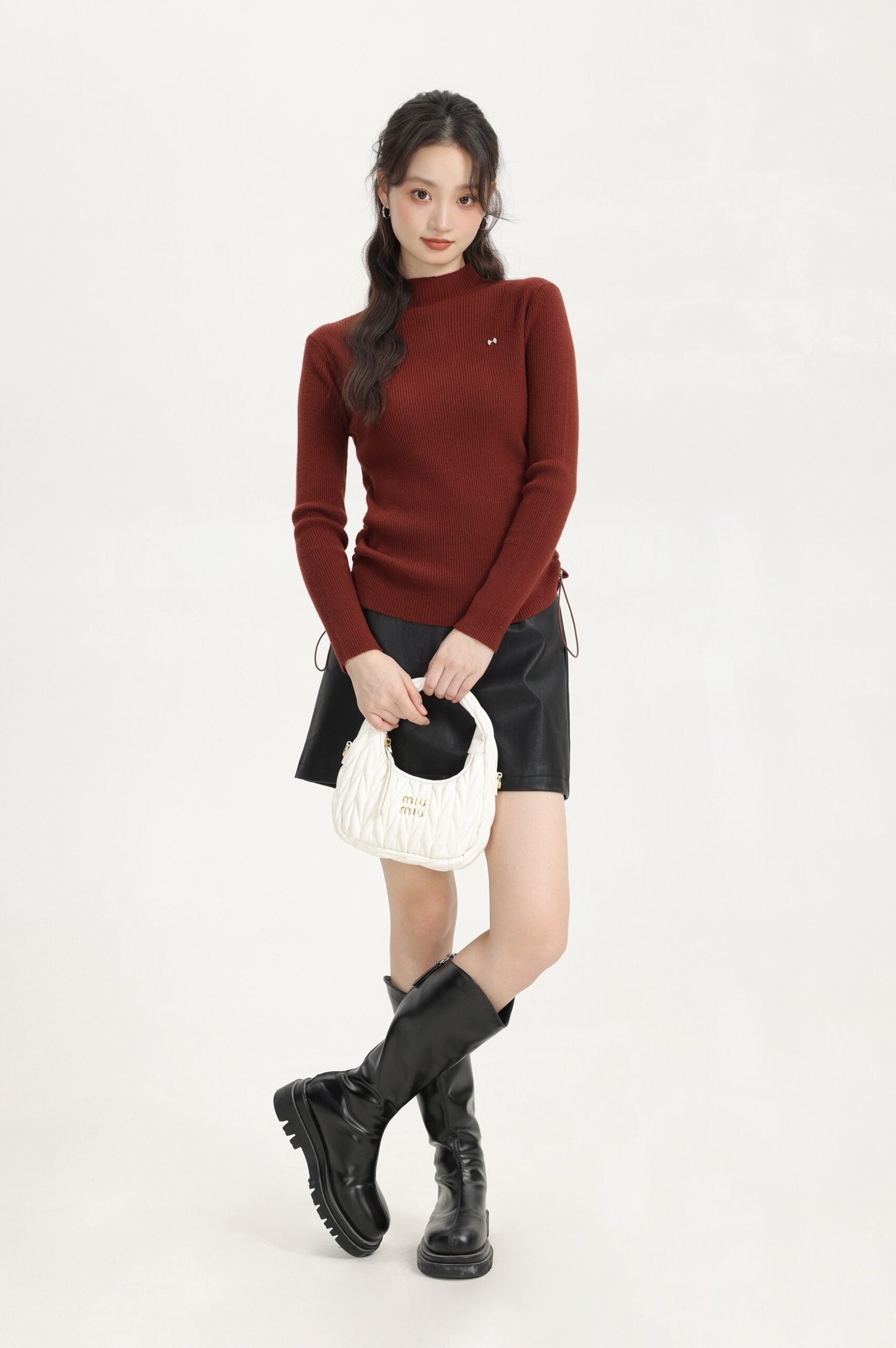Red Turtleneck Sweater With Side Drawstring And Bow Logo