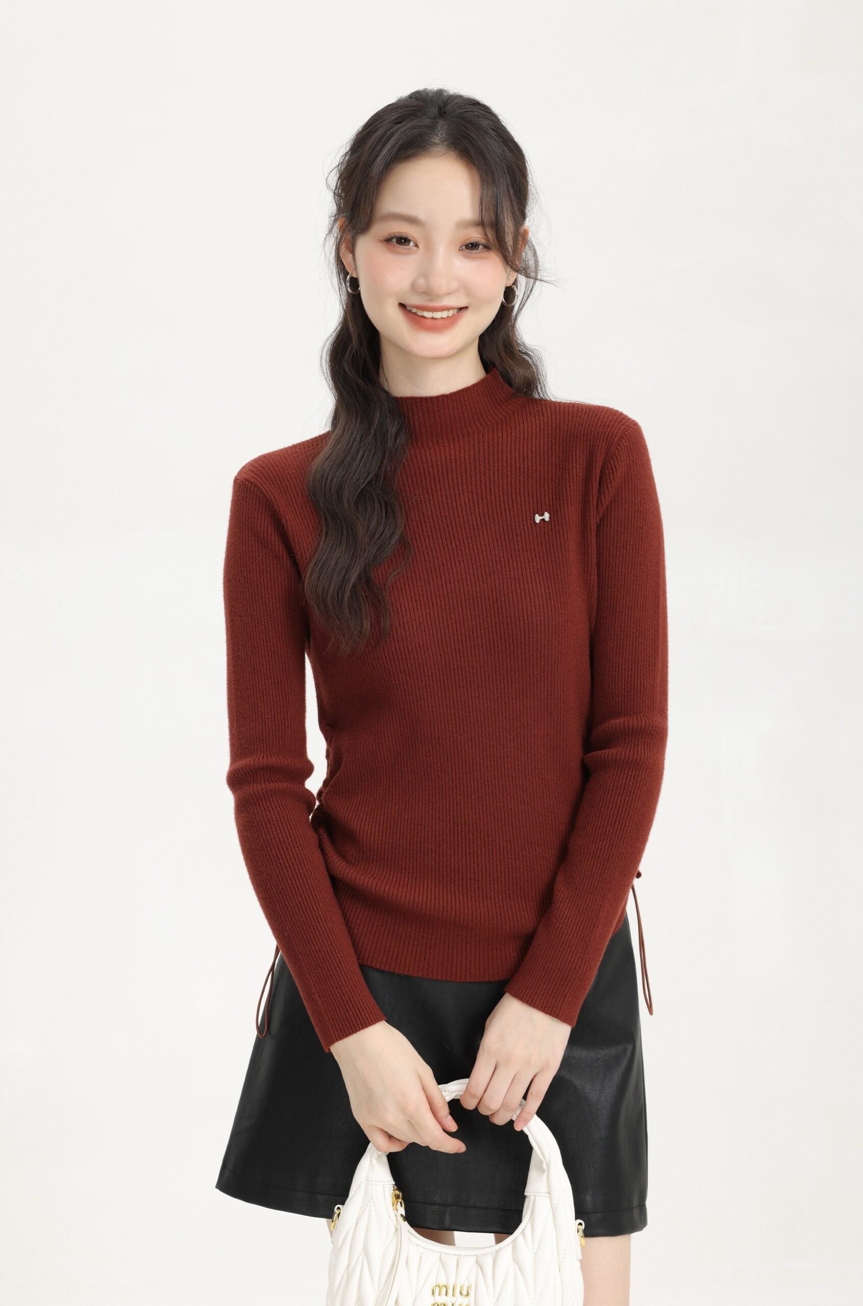 Red Turtleneck Sweater With Side Drawstring And Bow Logo
