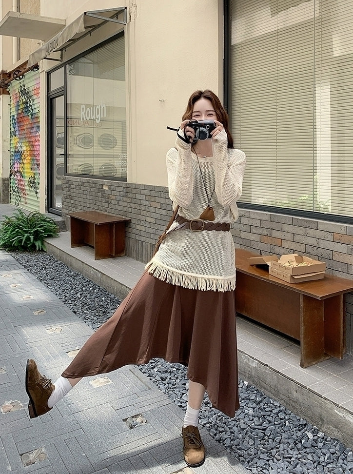 Knit Tassel Hollow Out Vest Dress Set