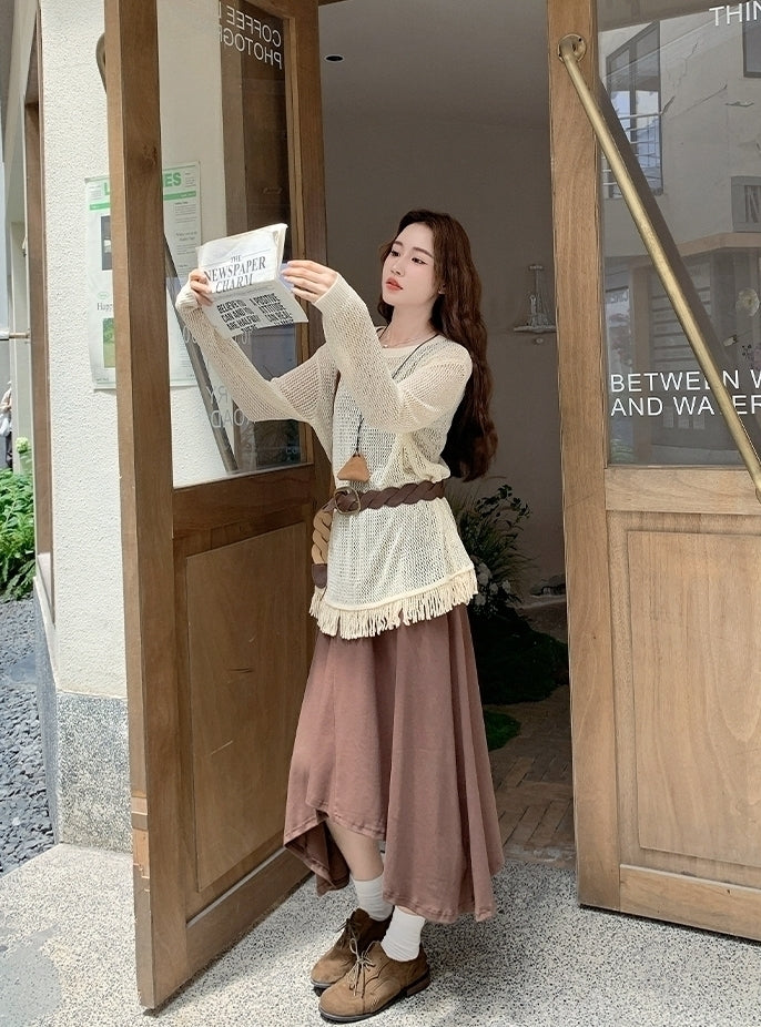 Knit Tassel Hollow Out Vest Dress Set