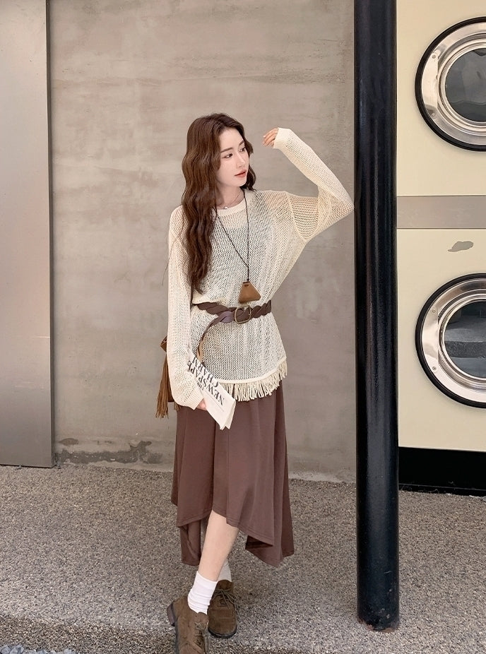 Knit Tassel Hollow Out Vest Dress Set