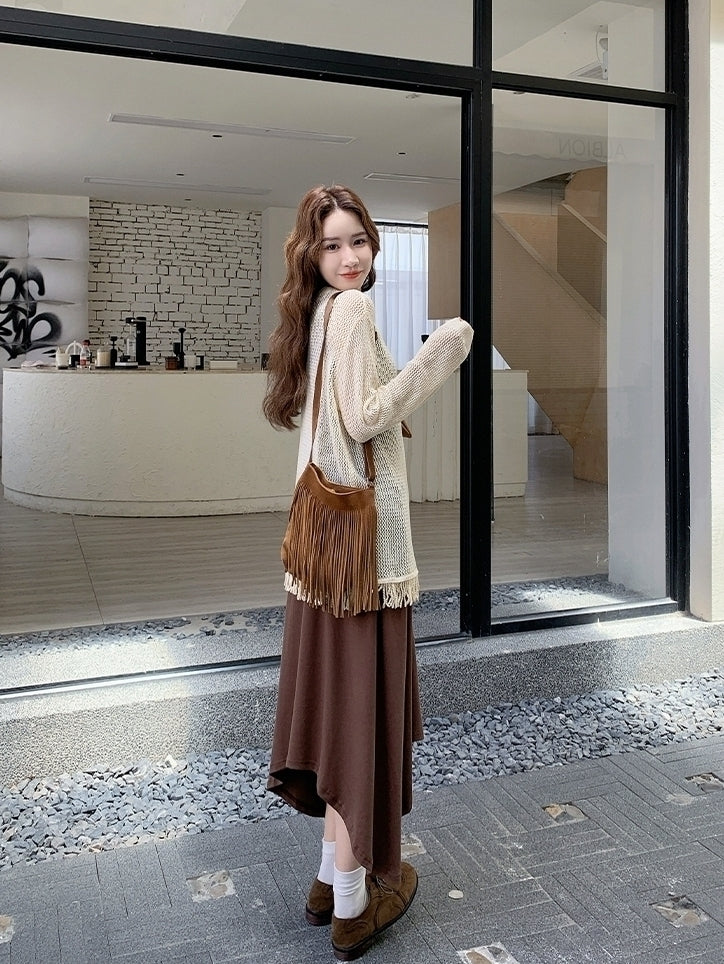 Knit Tassel Hollow Out Vest Dress Set