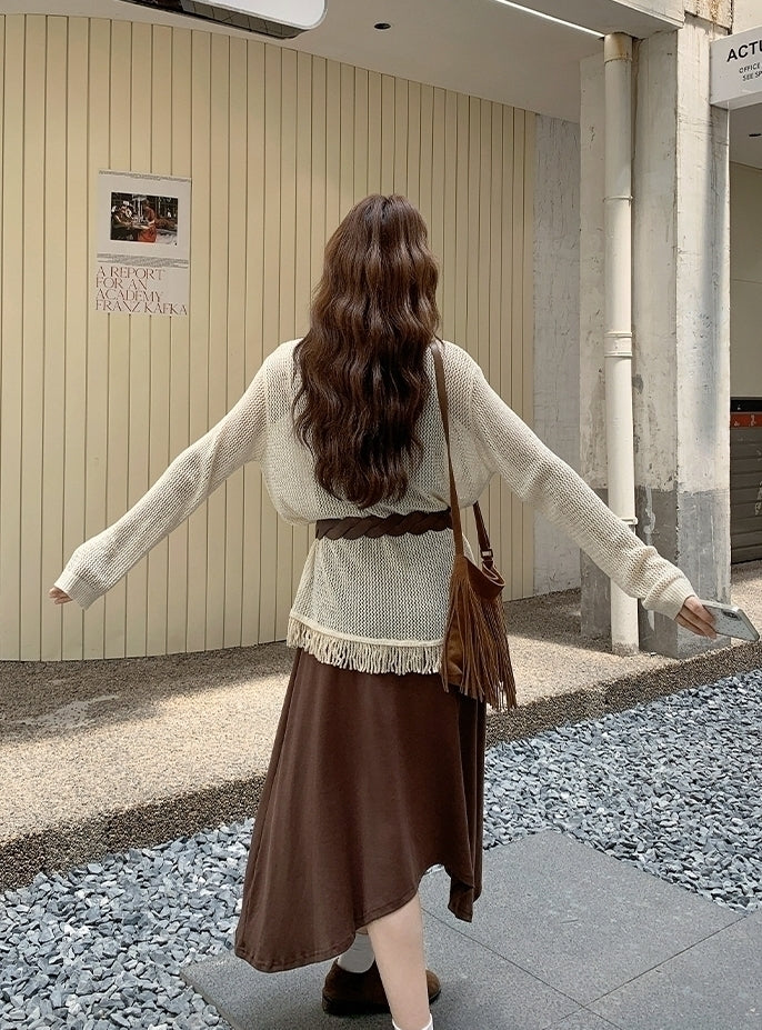 Knit Tassel Hollow Out Vest Dress Set
