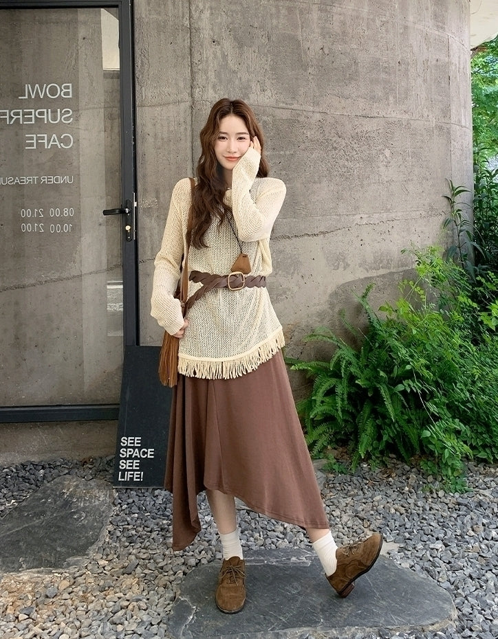 Knit Tassel Hollow Out Vest Dress Set
