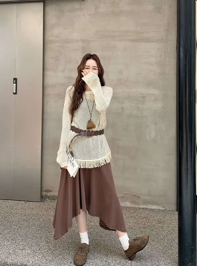 Knit Tassel Hollow Out Vest Dress Set