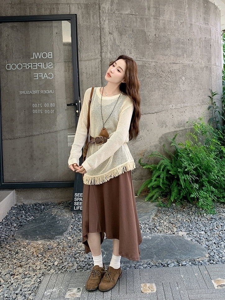 Knit Tassel Hollow Out Vest Dress Set