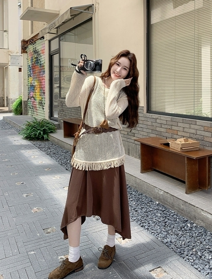 Knit Tassel Hollow Out Vest Dress Set