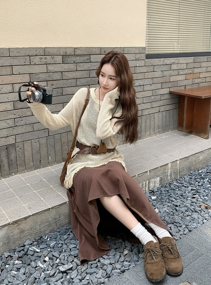 Knit Tassel Hollow Out Vest Dress Set