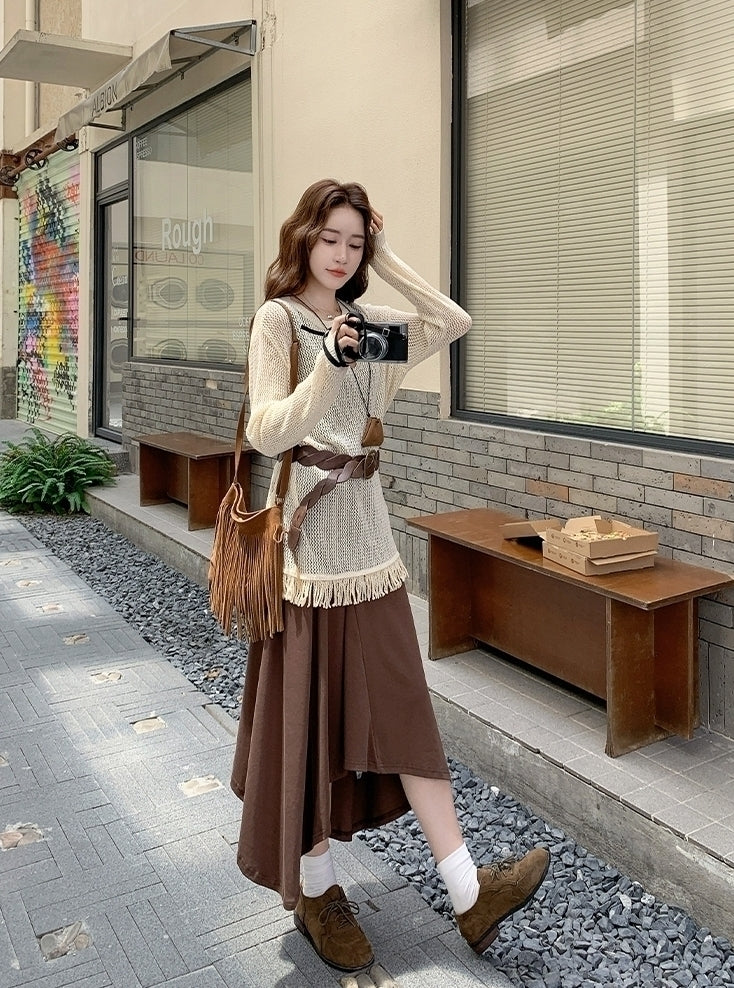 Knit Tassel Hollow Out Vest Dress Set