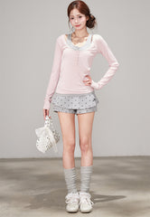 Korean Polka Dot Faux Two Piece High Waist Shorts Skirt