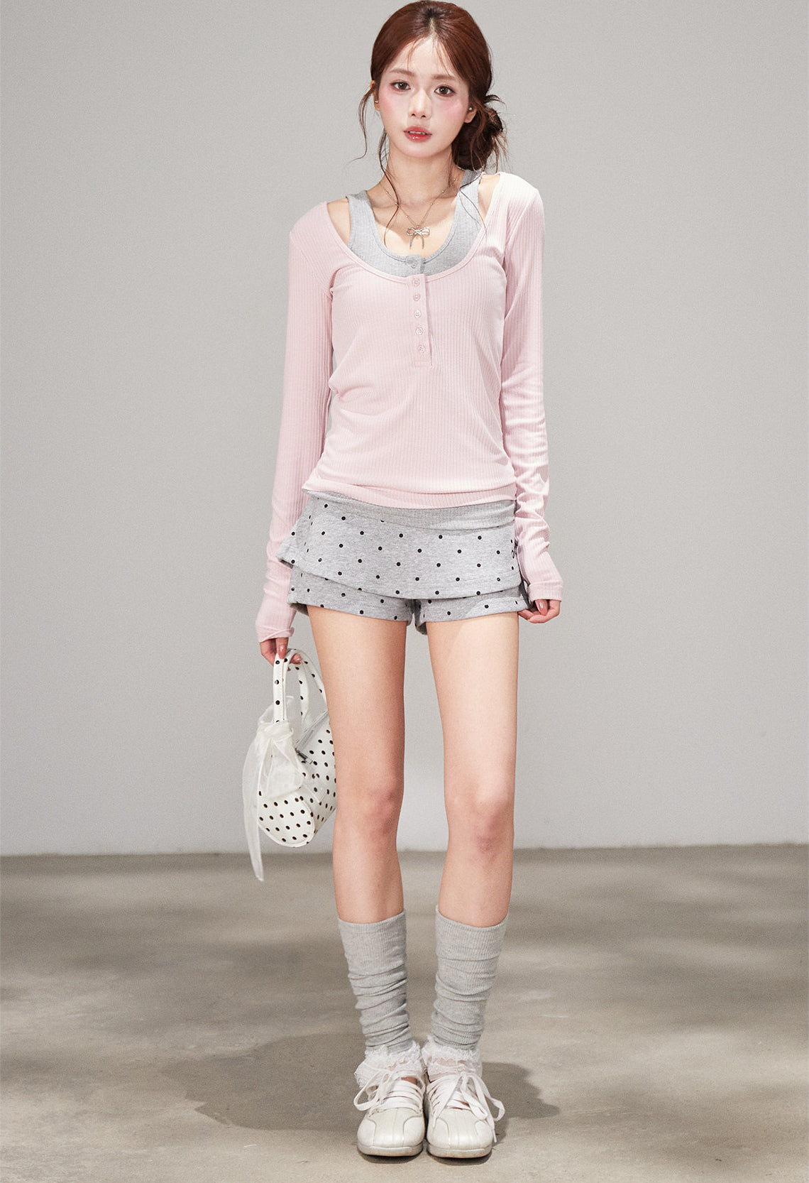 Korean Polka Dot Faux Two Piece High Waist Shorts Skirt