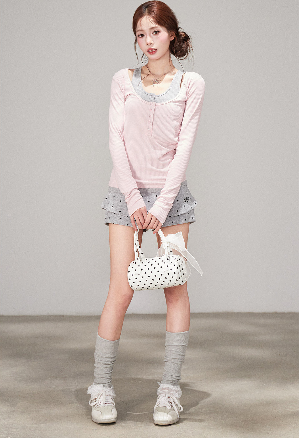 Korean Polka Dot Faux Two Piece High Waist Shorts Skirt