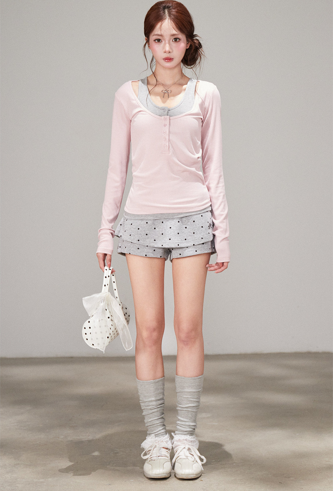 Korean Polka Dot Faux Two Piece High Waist Shorts Skirt