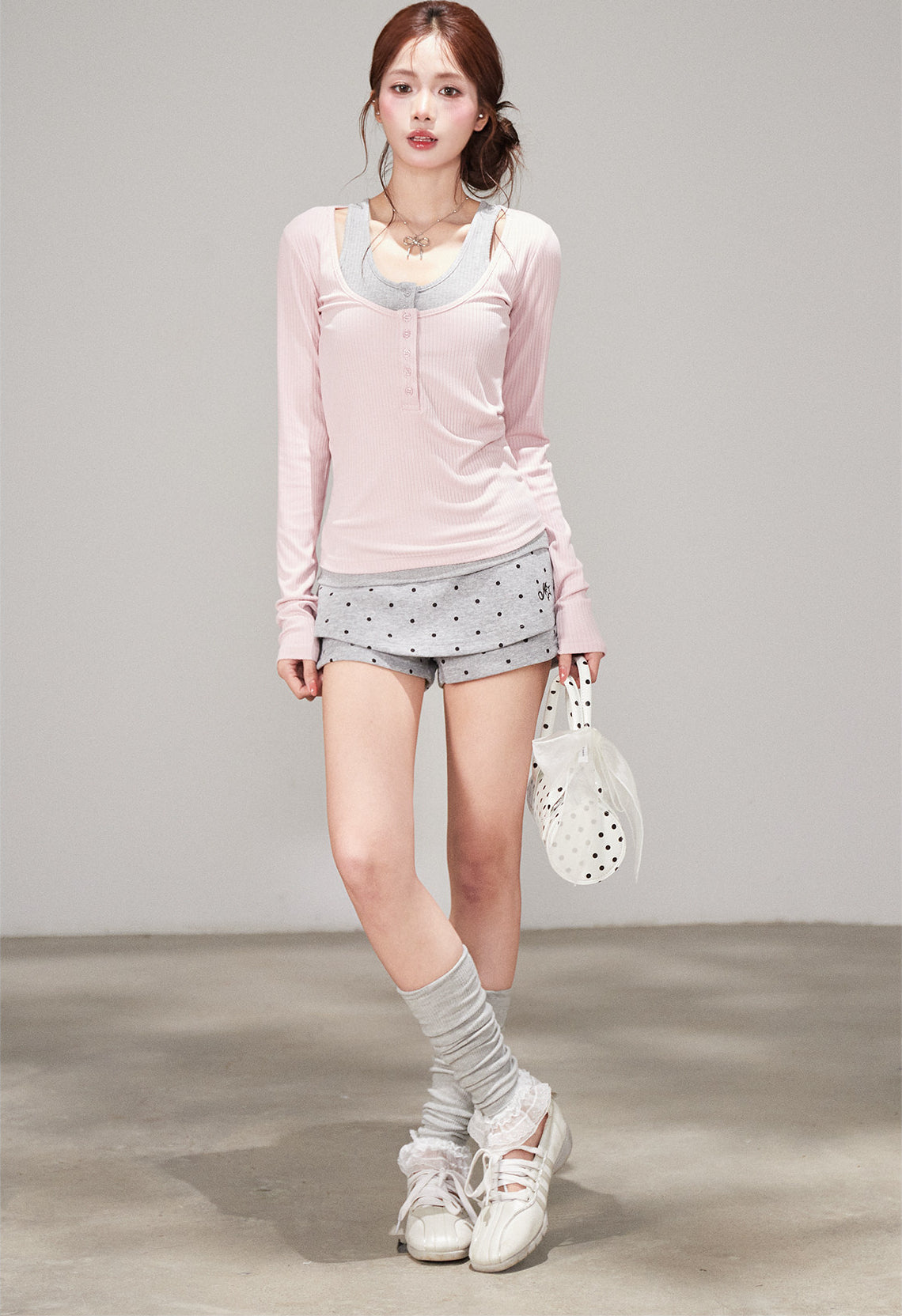 Korean Polka Dot Faux Two Piece High Waist Shorts Skirt