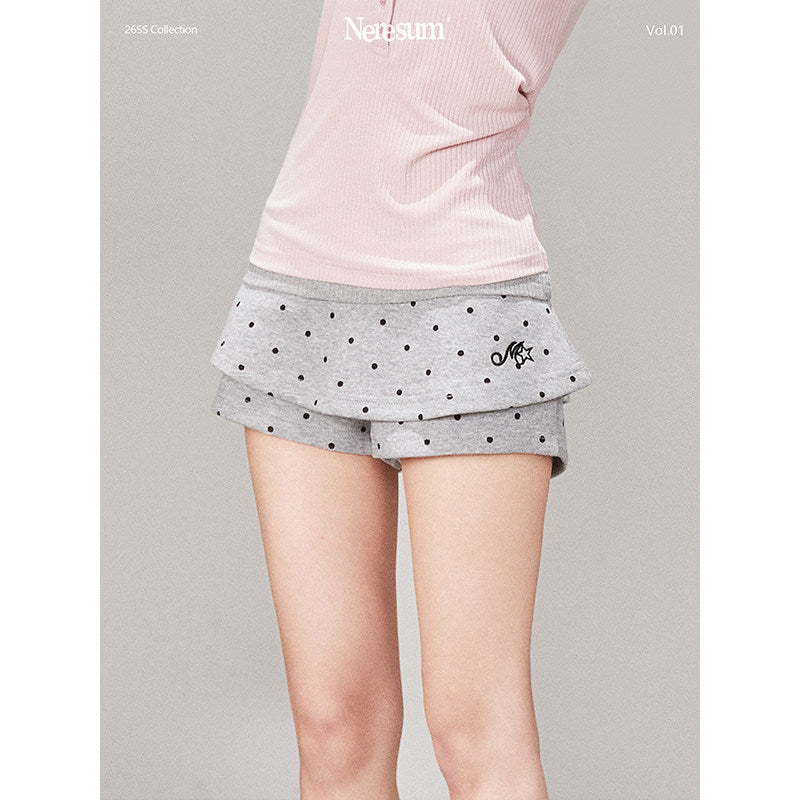 Korean Polka Dot Faux Two Piece High Waist Shorts Skirt