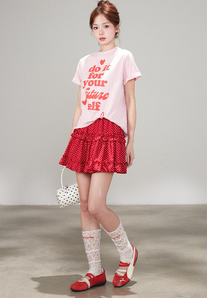 Korean Polka Dot Ruffle Layered A Line Skirt