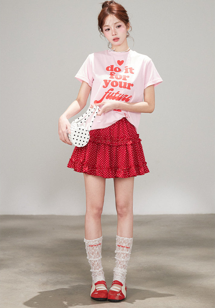 Korean Polka Dot Ruffle Layered A Line Skirt