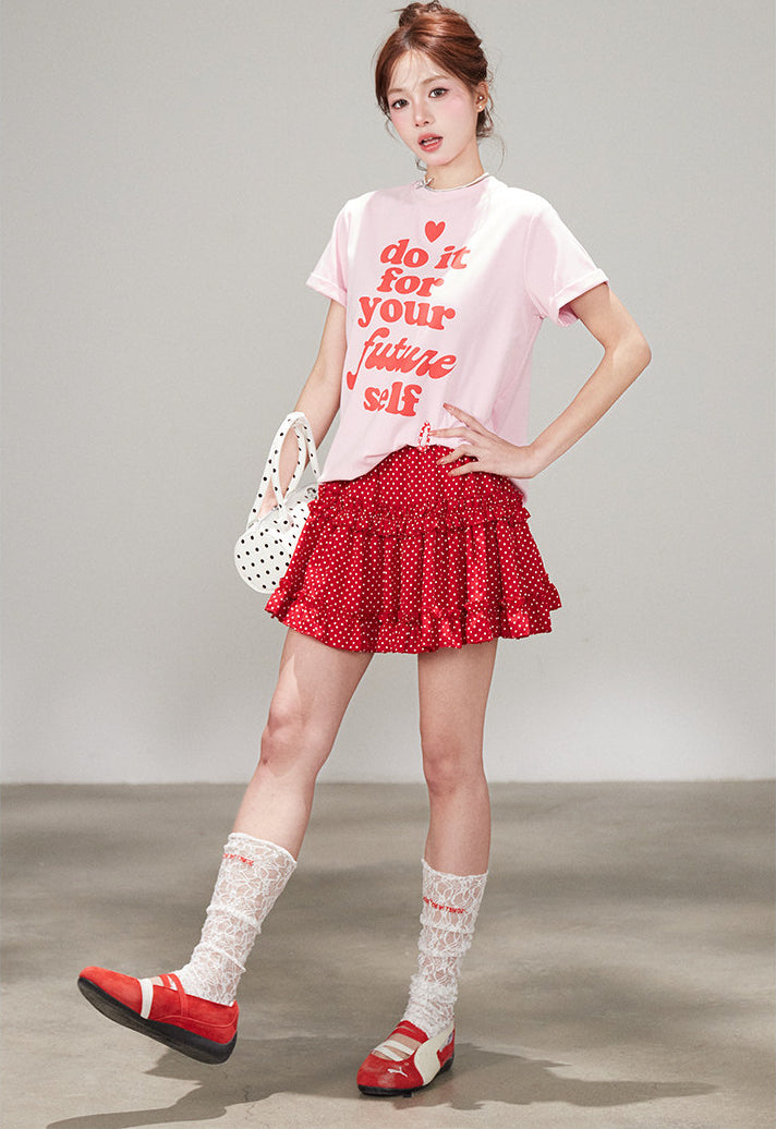 Korean Polka Dot Ruffle Layered A Line Skirt