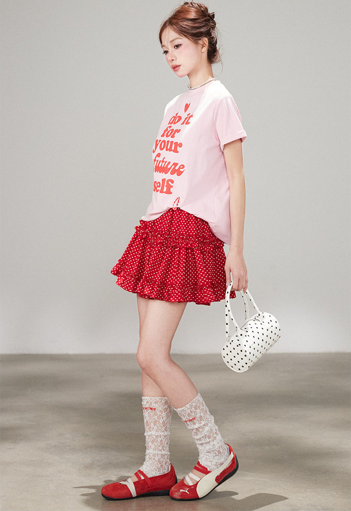 Korean Polka Dot Ruffle Layered A Line Skirt