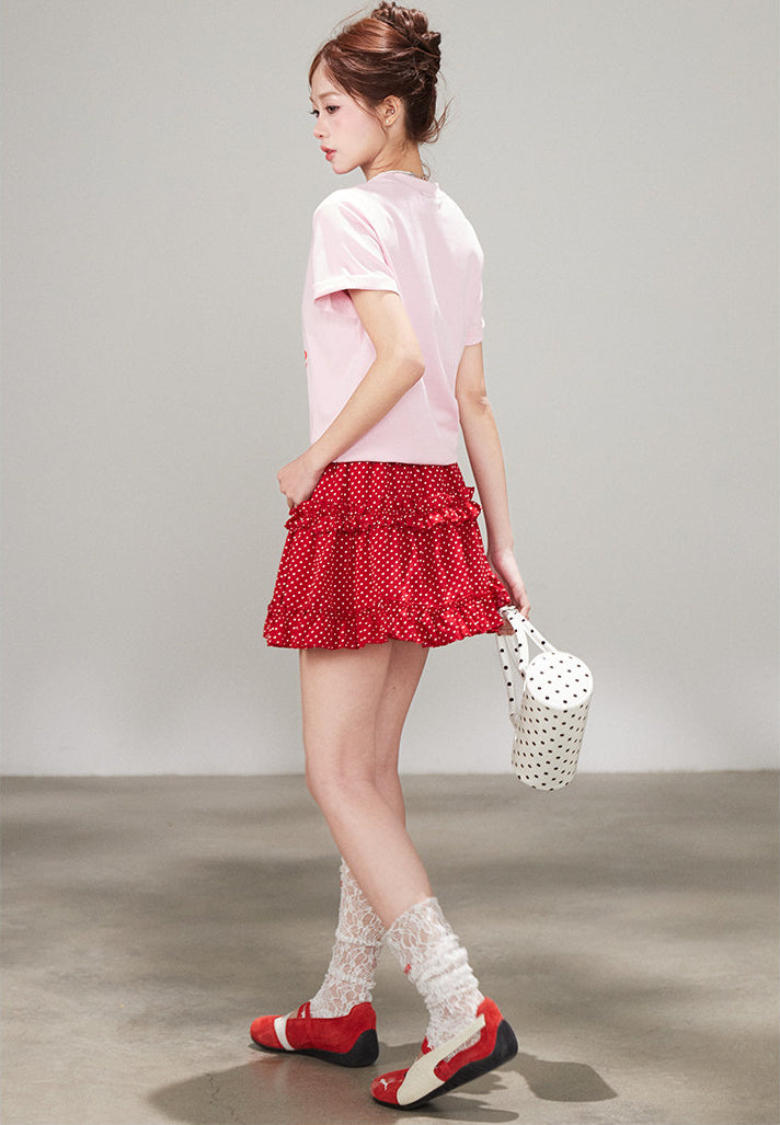 Korean Polka Dot Ruffle Layered A Line Skirt
