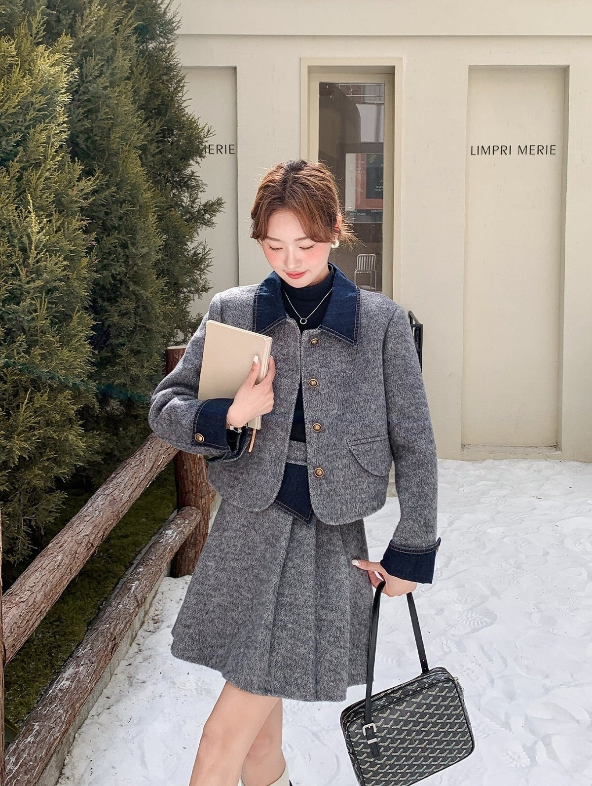 Korean Preppy Collared Coat And Pleated Skirt Set