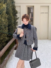 Korean Preppy Collared Coat And Pleated Skirt Set