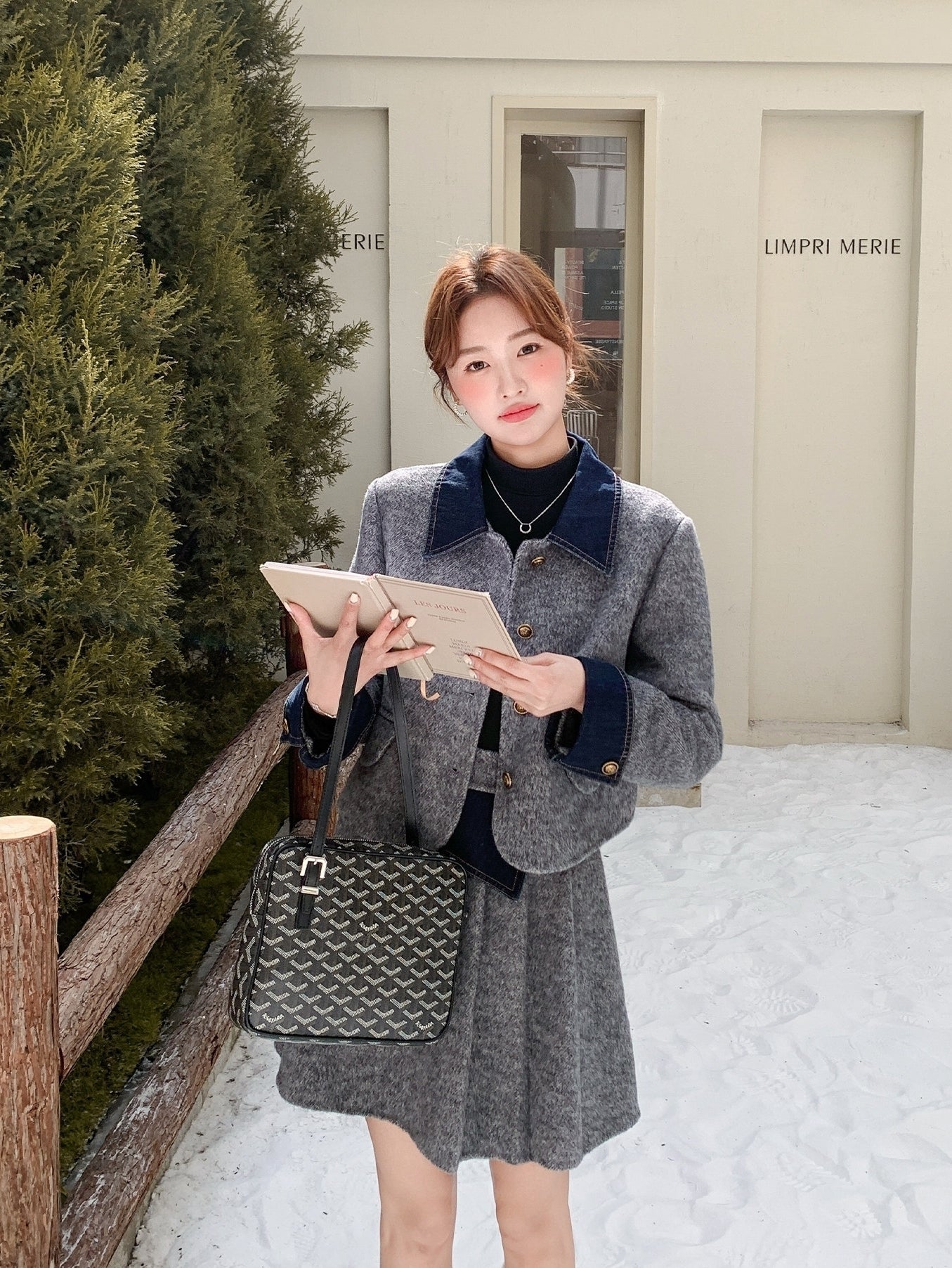 Korean Preppy Collared Coat And Pleated Skirt Set