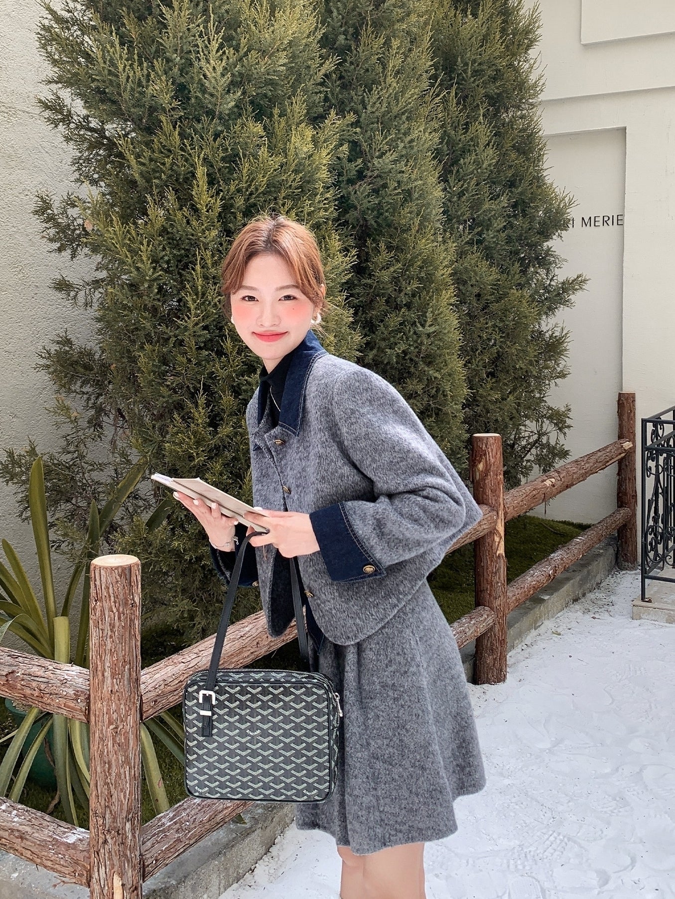 Korean Preppy Collared Coat And Pleated Skirt Set