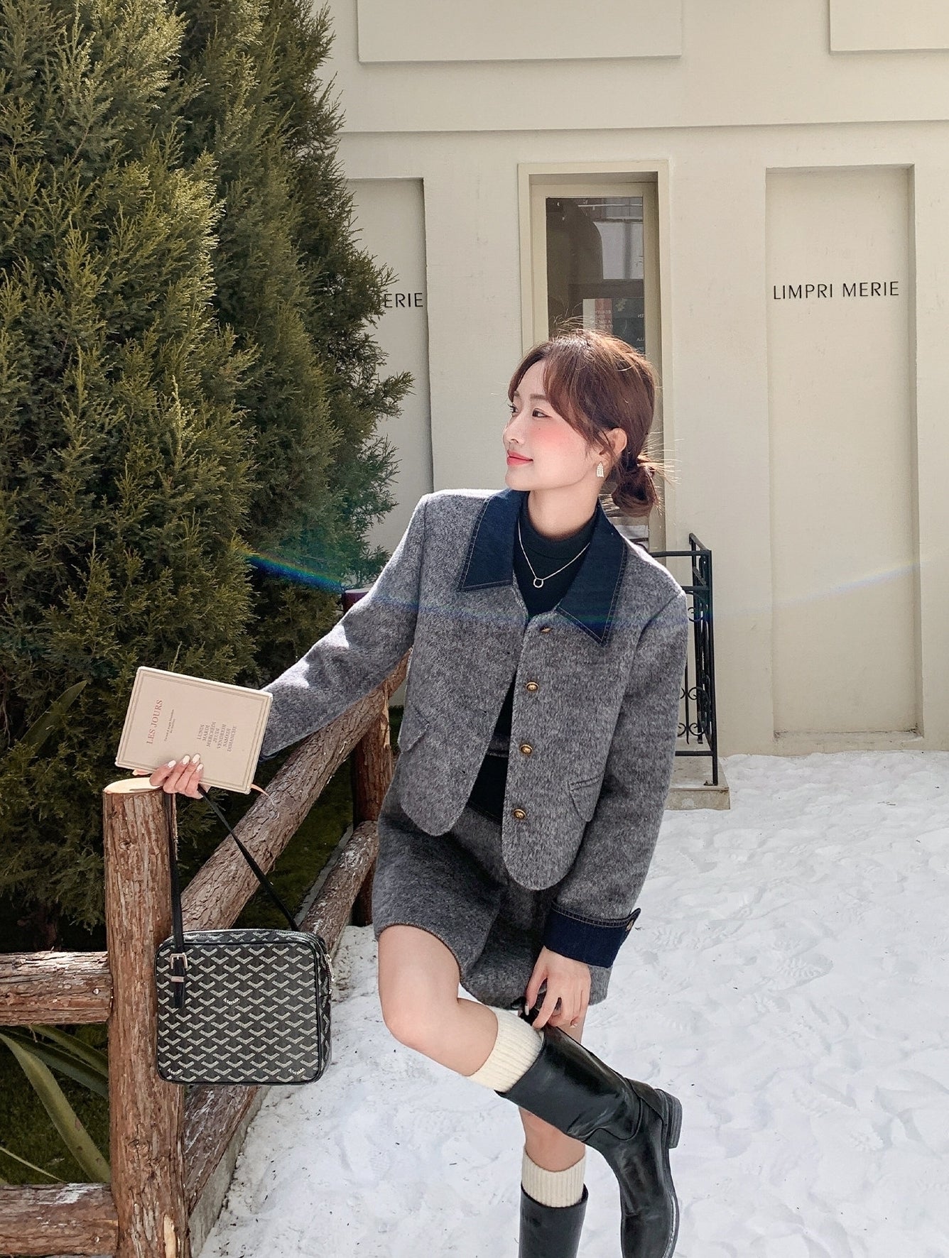 Korean Preppy Collared Coat And Pleated Skirt Set