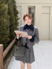 Korean Preppy Collared Coat And Pleated Skirt Set