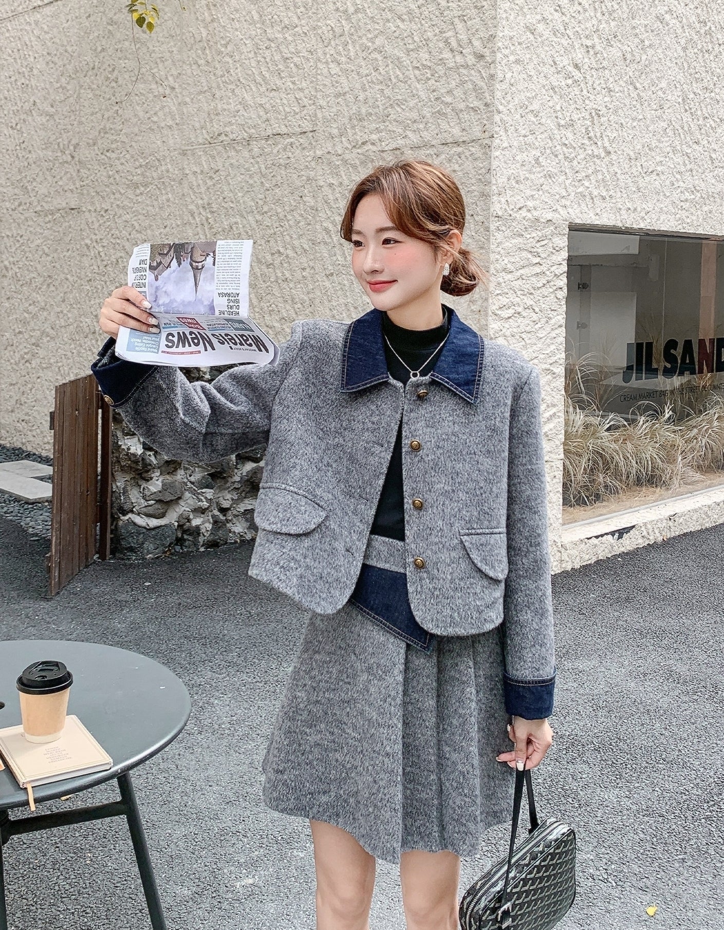 Korean Preppy Collared Coat And Pleated Skirt Set