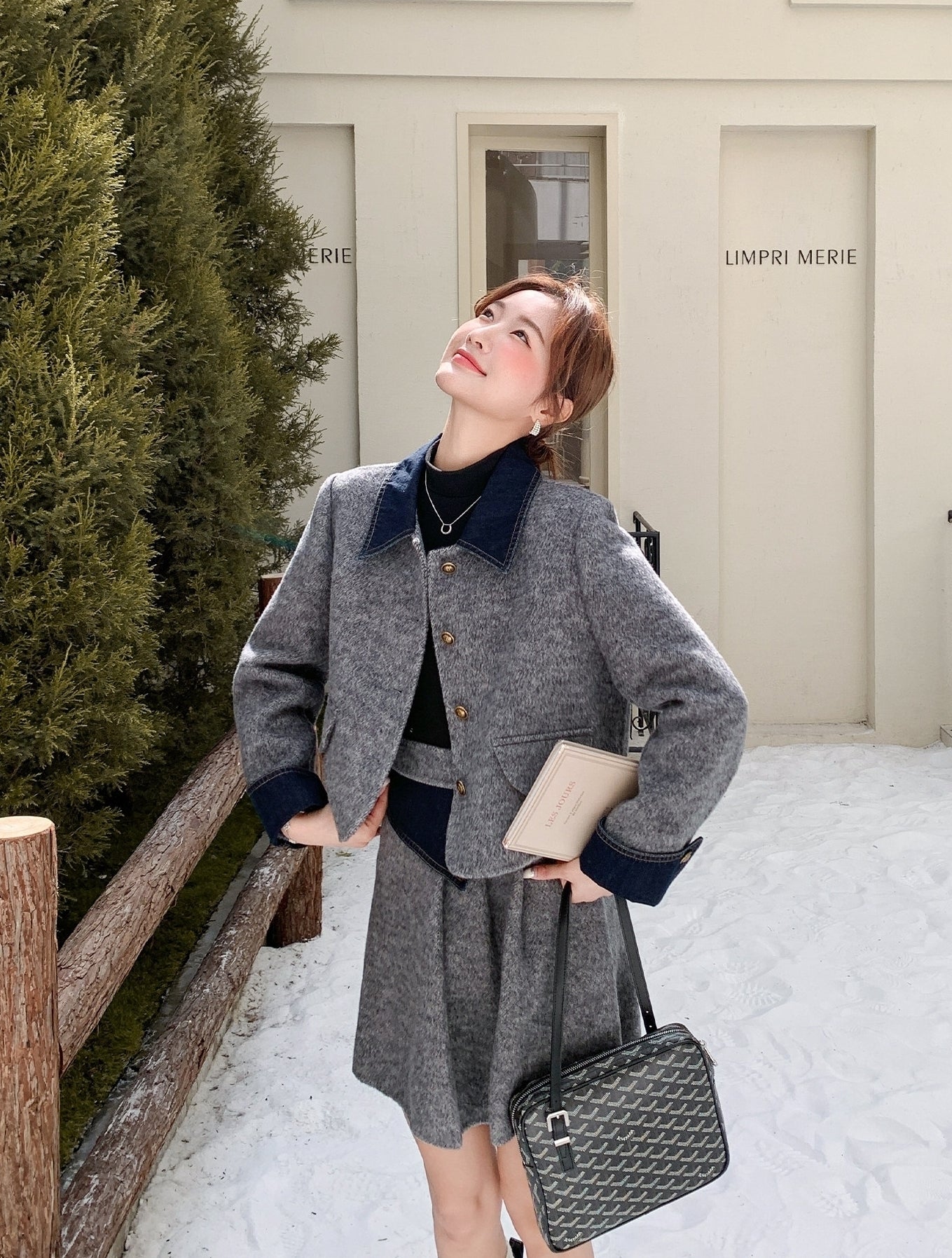Korean Preppy Collared Coat And Pleated Skirt Set