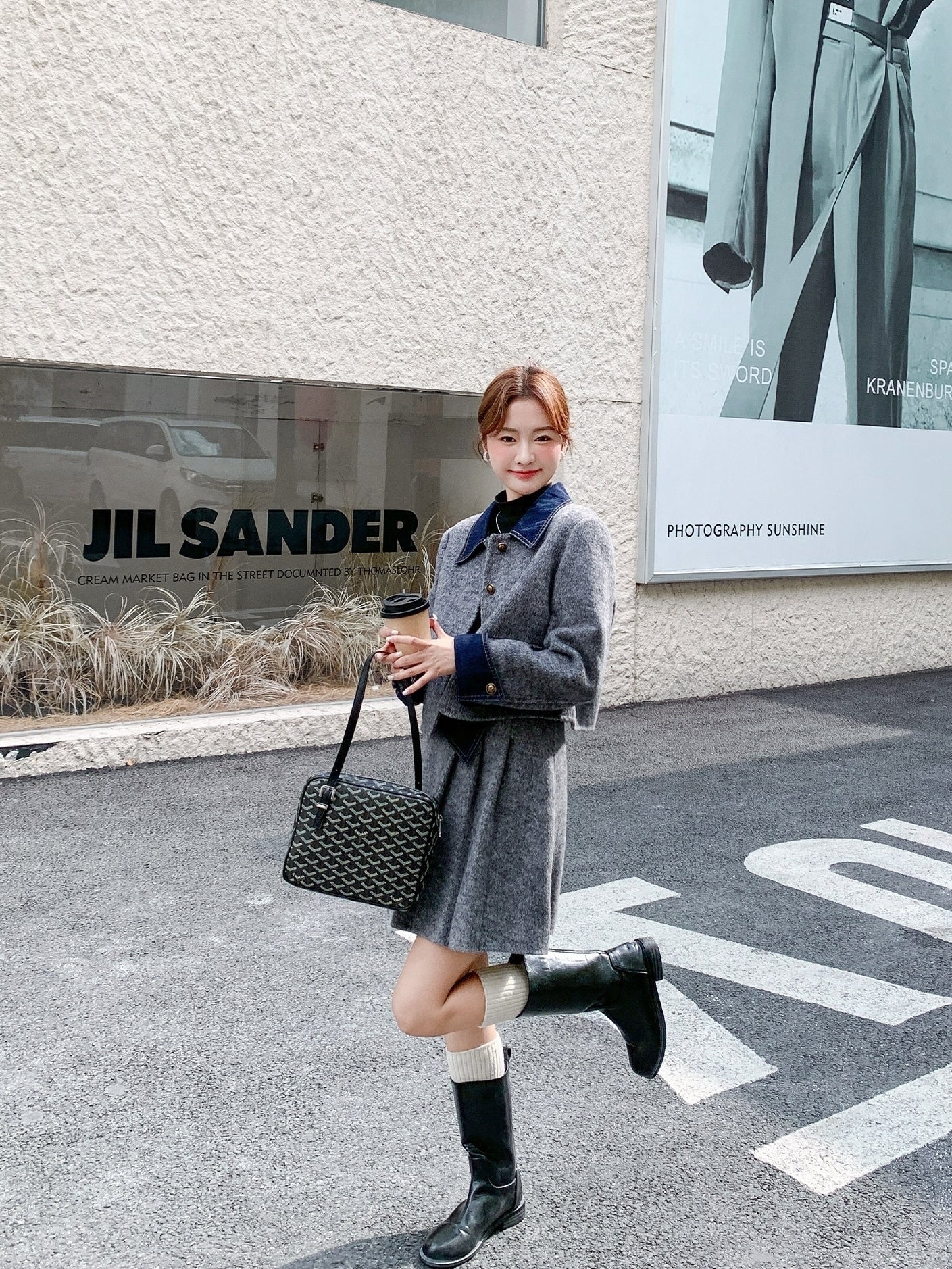 Korean Preppy Collared Coat And Pleated Skirt Set