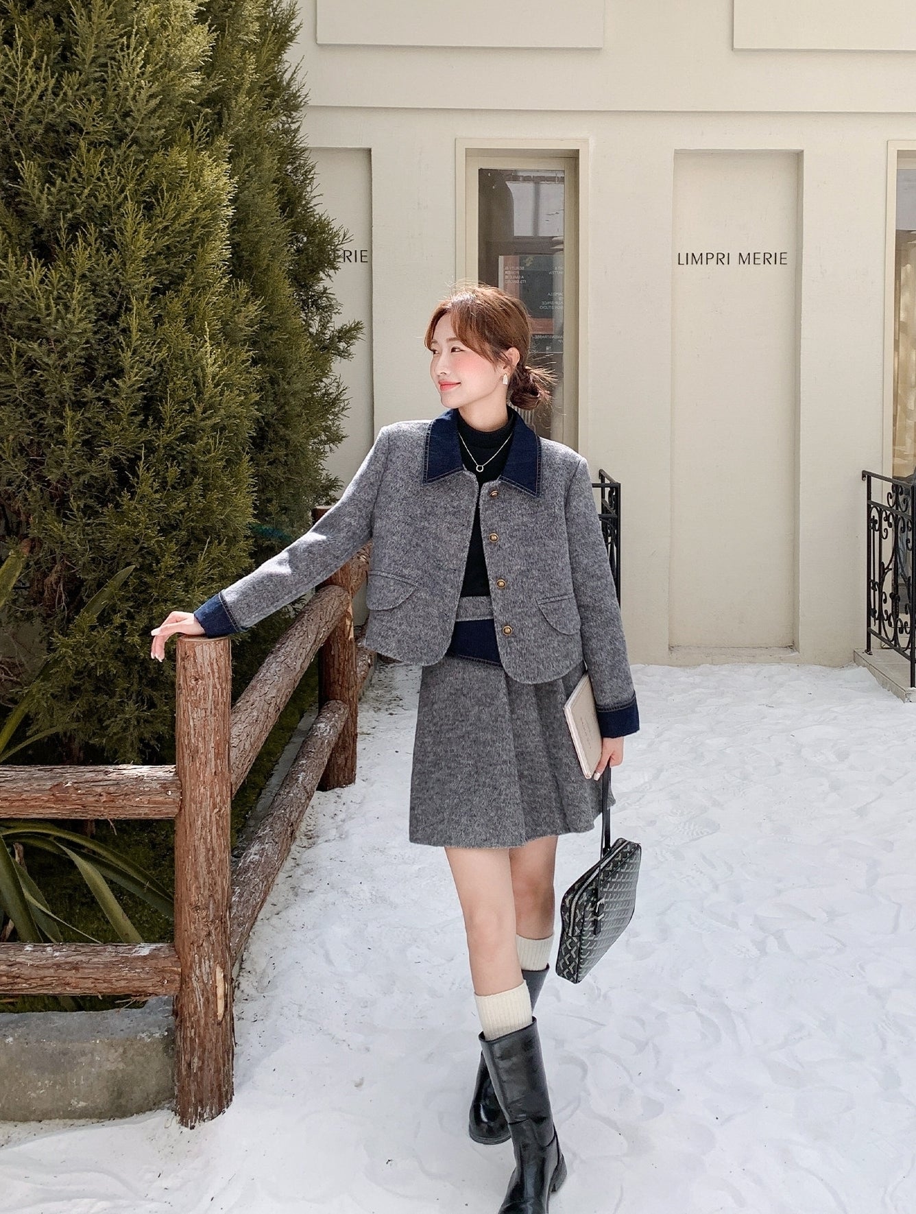 Korean Preppy Collared Coat And Pleated Skirt Set