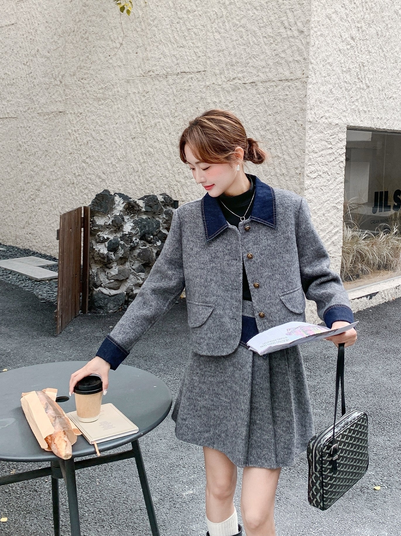 Korean Preppy Collared Coat And Pleated Skirt Set