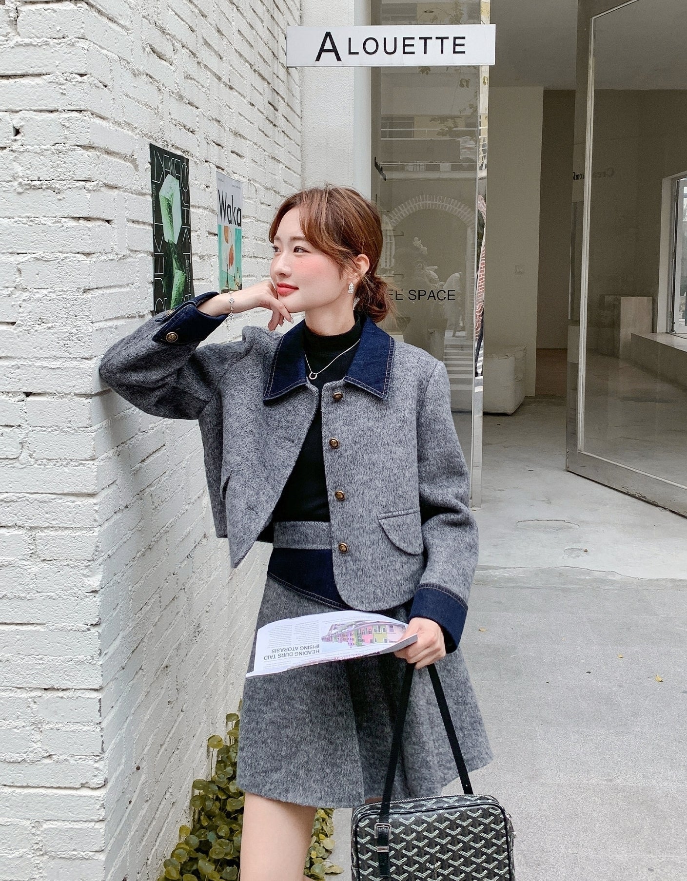Korean Preppy Collared Coat And Pleated Skirt Set
