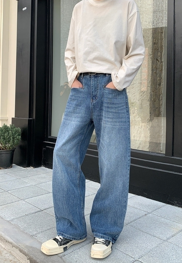 Korean Style Blue Washed Wide Leg Jeans
