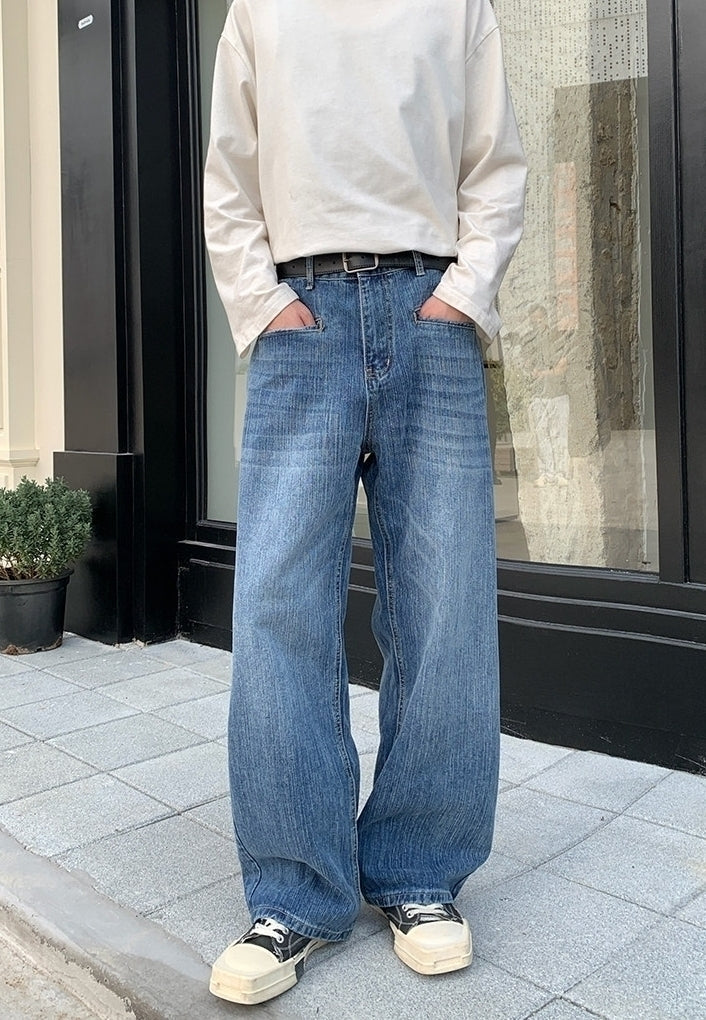 Korean Style Blue Washed Wide Leg Jeans