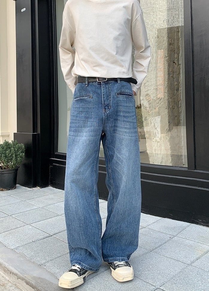 Korean Style Blue Washed Wide Leg Jeans