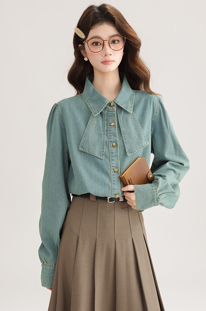 Korean Style Bow Puff Sleeve Denim Shirt