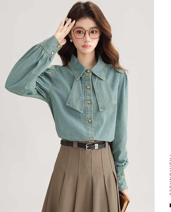 Korean Style Bow Puff Sleeve Denim Shirt