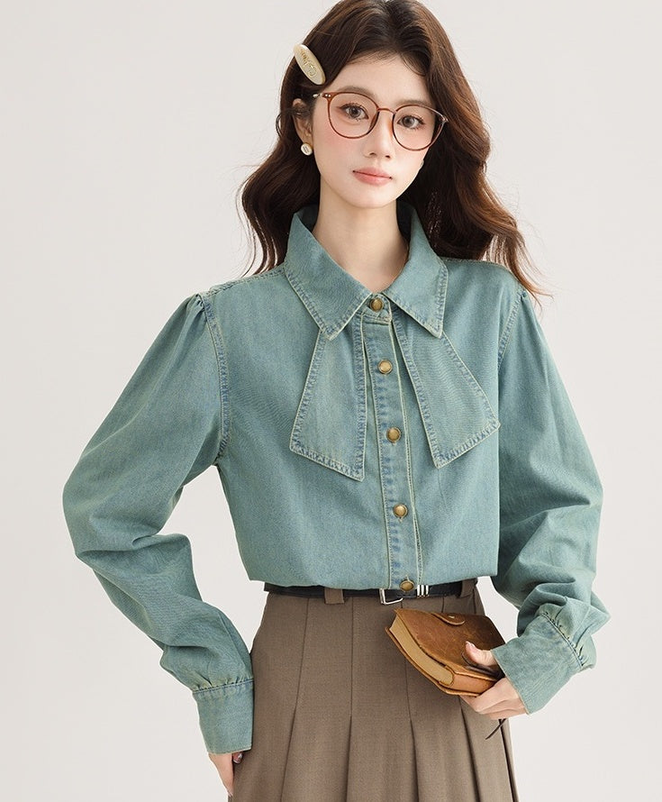 Korean Style Bow Puff Sleeve Denim Shirt