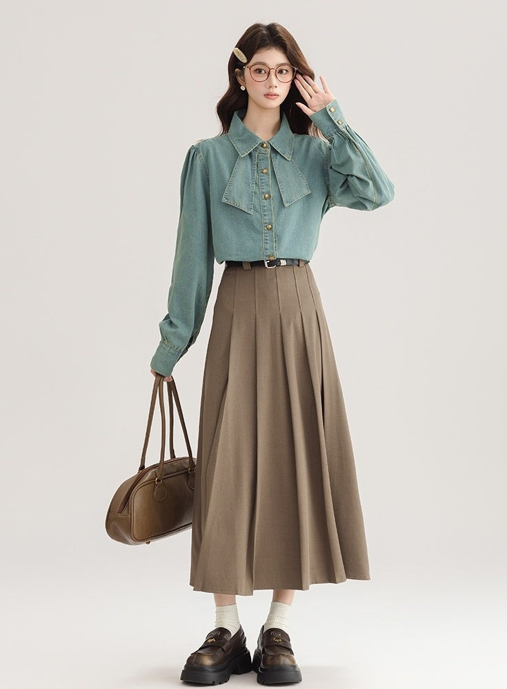 Korean Style Bow Puff Sleeve Denim Shirt