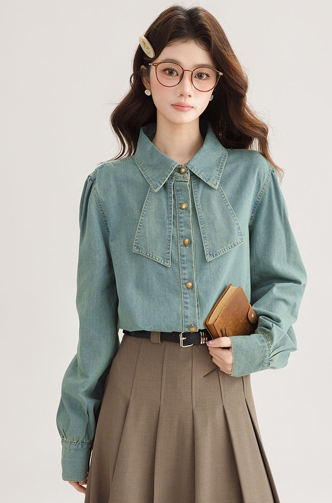 Korean Style Bow Puff Sleeve Denim Shirt