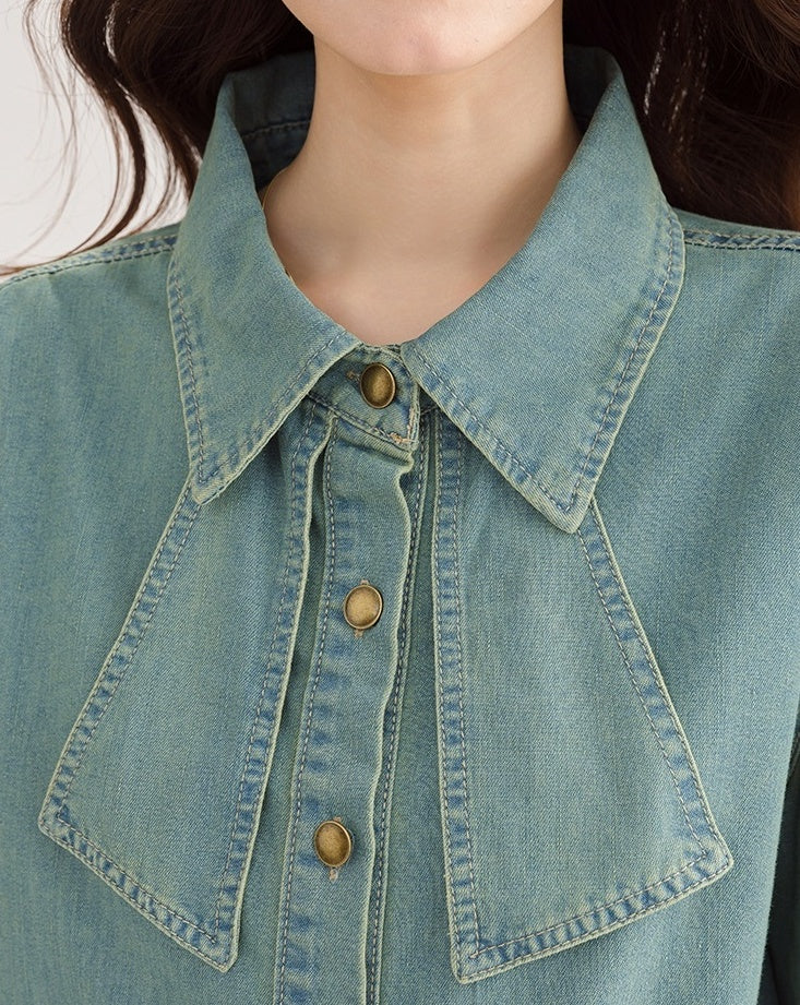 Korean Style Bow Puff Sleeve Denim Shirt