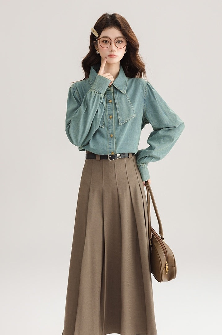 Korean Style Bow Puff Sleeve Denim Shirt