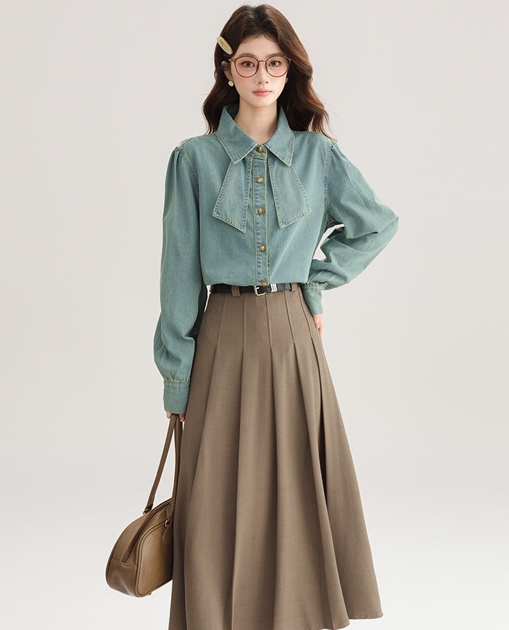 Korean Style Bow Puff Sleeve Denim Shirt