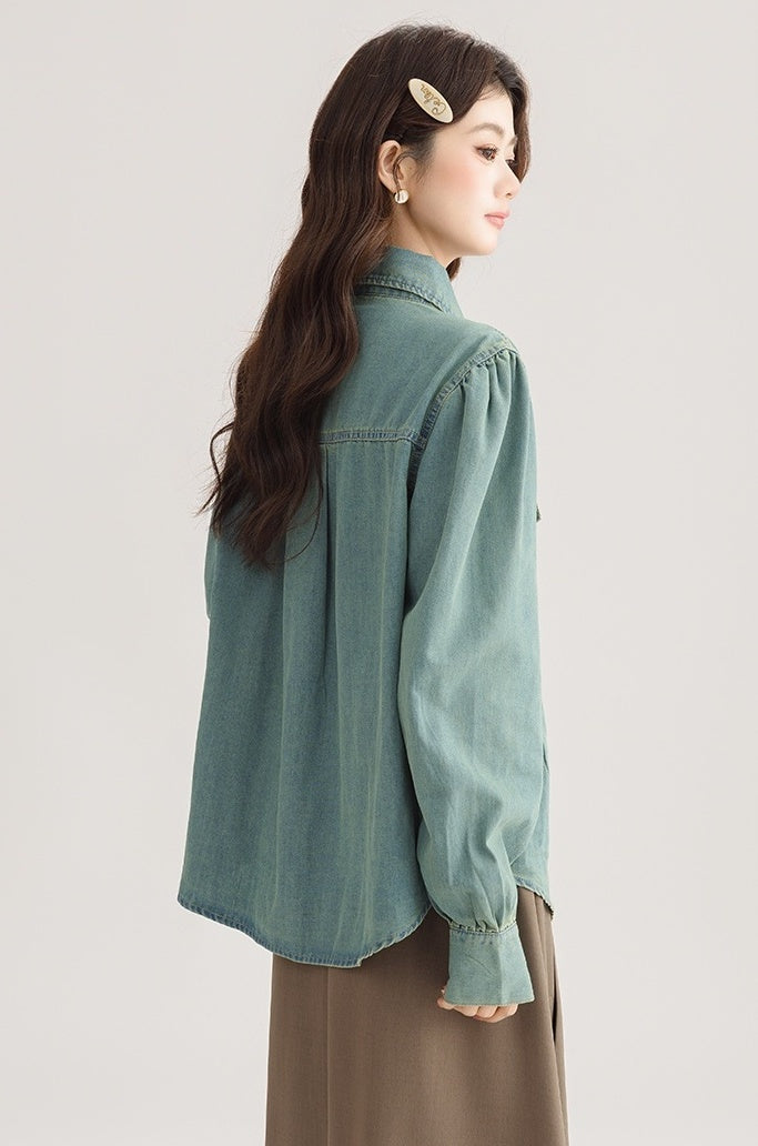 Korean Style Bow Puff Sleeve Denim Shirt