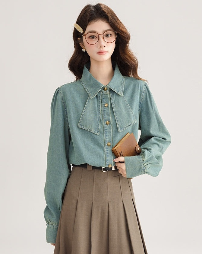 Korean Style Bow Puff Sleeve Denim Shirt